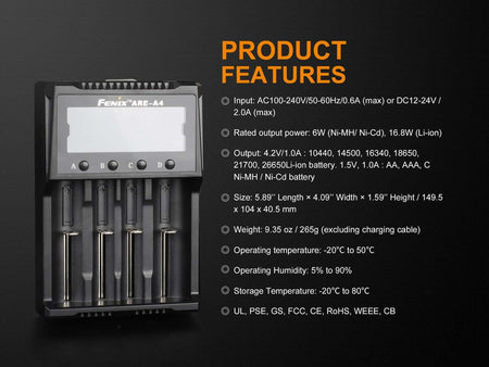 Fenix ARE-A4 Four Bay Smart Charger product features including dimensions, power input, and safety certifications.