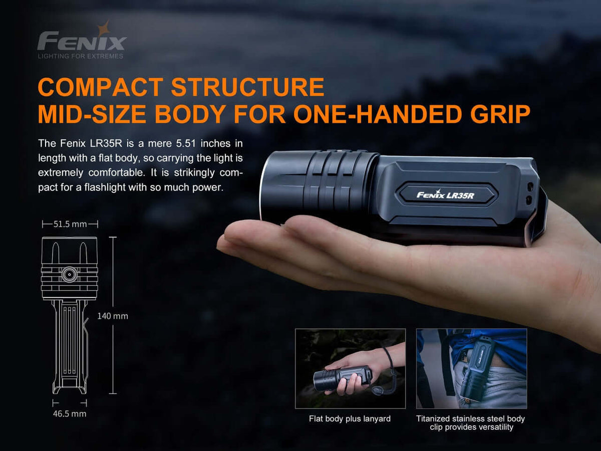 Fenix LR35R flashlight shown held in one hand, highlighting its compact design and comfortable grip.
