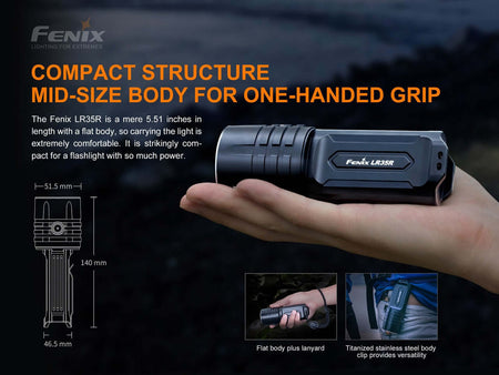Fenix LR35R flashlight shown held in one hand, highlighting its compact design and comfortable grip.