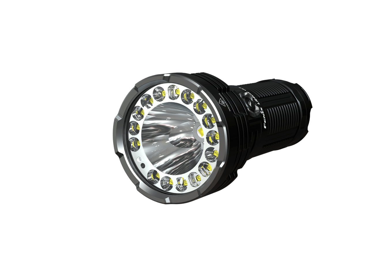 Fenix LR40R V2 long-range rechargeable flashlight showcasing its bright LED beam and ergonomic design.