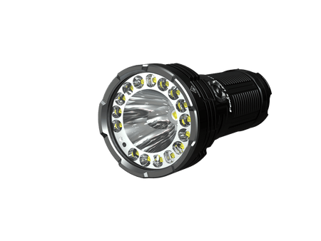 Fenix LR40R V2 long-range rechargeable flashlight showcasing its bright LED beam and ergonomic design.