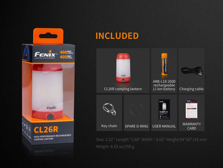 Fenix CL26R camping lantern packaging and included accessories with specs and features.