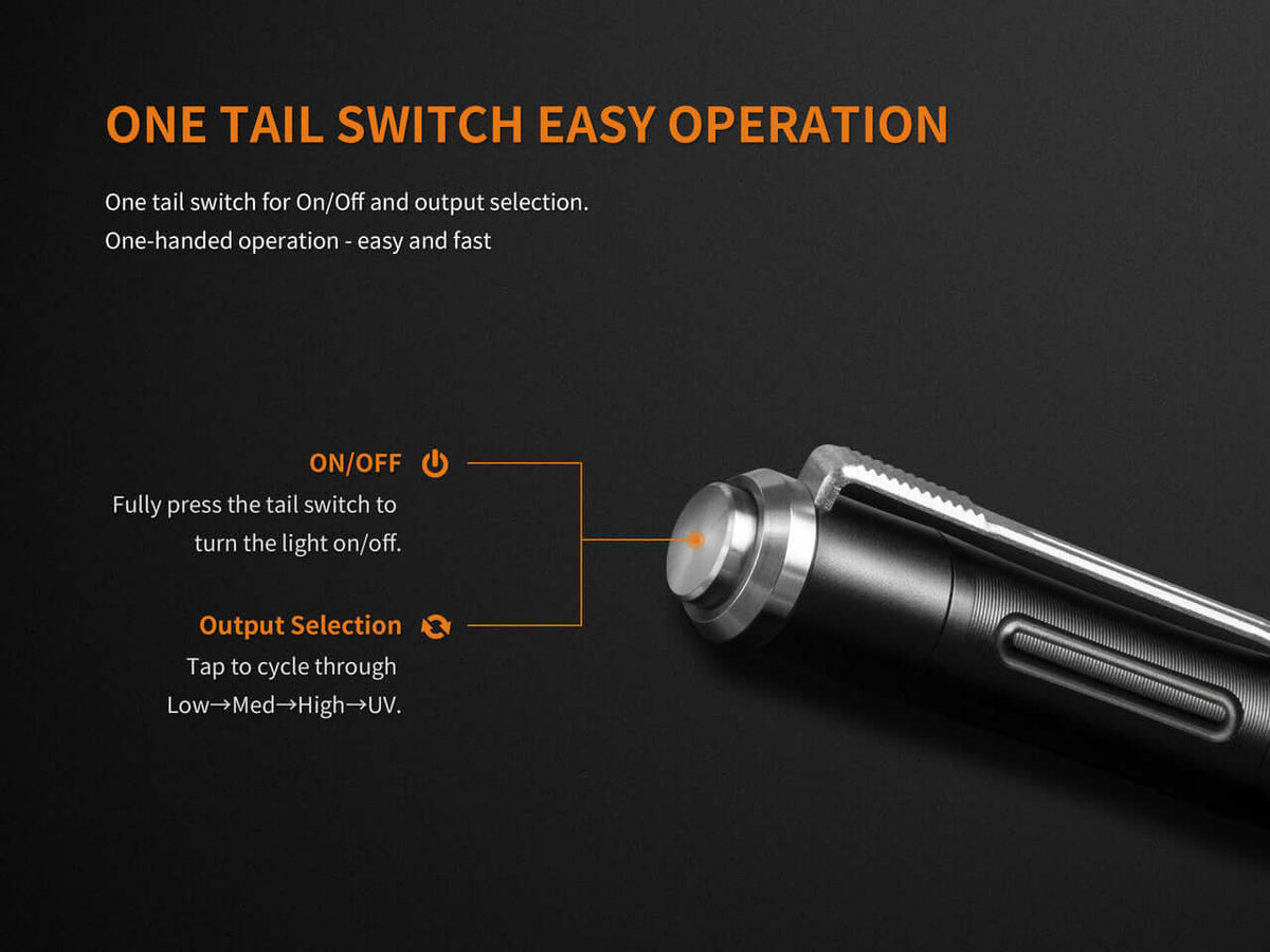 Fenix LD05 V2.0 penlight detail showing one tail switch for easy operation of on/off and output selection.