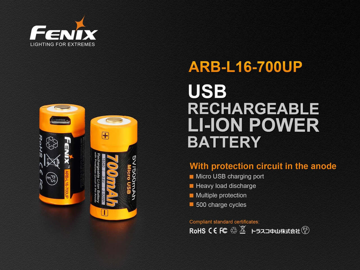 Fenix ARB-L16-700UP USB rechargeable 700mAh Li-ion battery with multiple protection features.