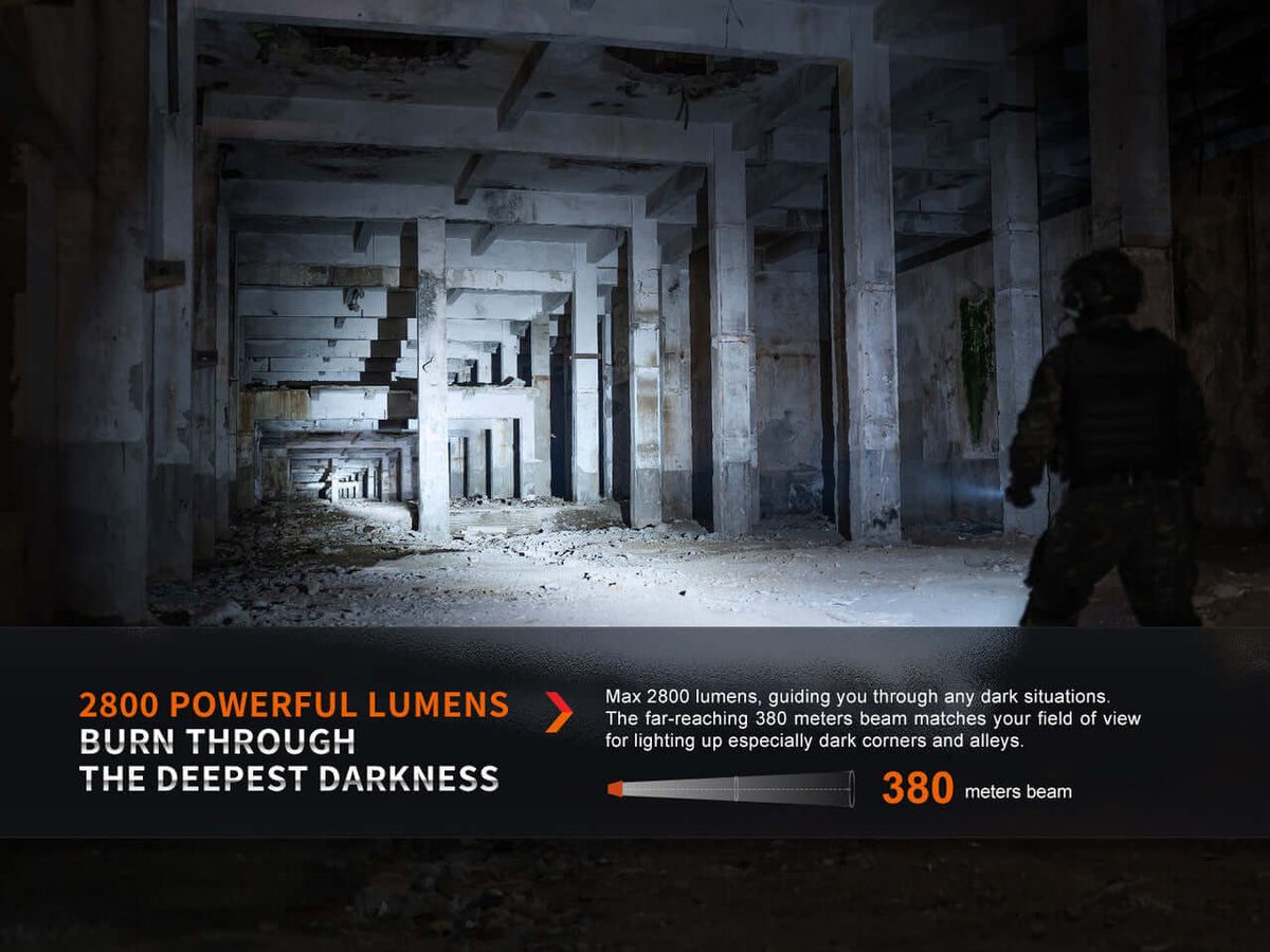 Fenix PD36R Pro flashlight illuminating a dark corridor with 2800 lumens and a 380-meter beam distance.