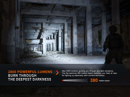 Fenix PD36R Pro flashlight illuminating a dark corridor with 2800 lumens and a 380-meter beam distance.