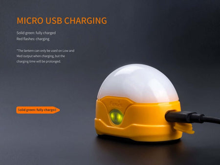 Fenix CL20R camping lantern charging via Micro USB, showing solid green light for fully charged.