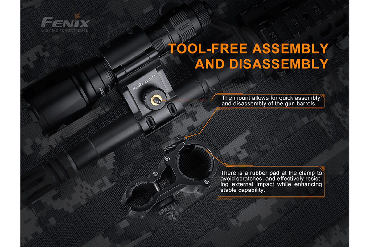 Fenix ALG-18 flashlight barrel mount showing tool-free assembly features and rubber clamp pad for stability.