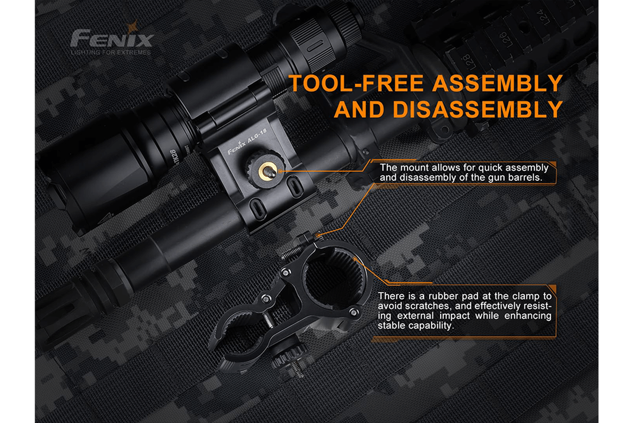 Fenix ALG-18 flashlight barrel mount showing tool-free assembly features and rubber clamp pad for stability.
