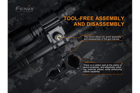 Fenix ALG-18 flashlight barrel mount showing tool-free assembly features and rubber clamp pad for stability.