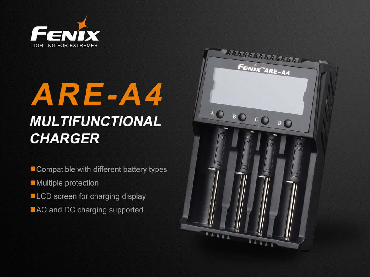 Fenix ARE-A4 multifunctional charger supporting multiple battery types with LCD display for charging.