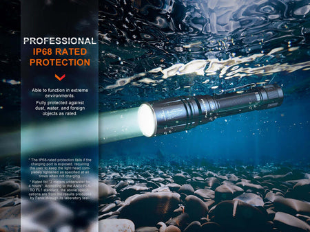 Fenix HT30R white laser flashlight operating underwater, showcasing IP68 rated protection against dust and water.