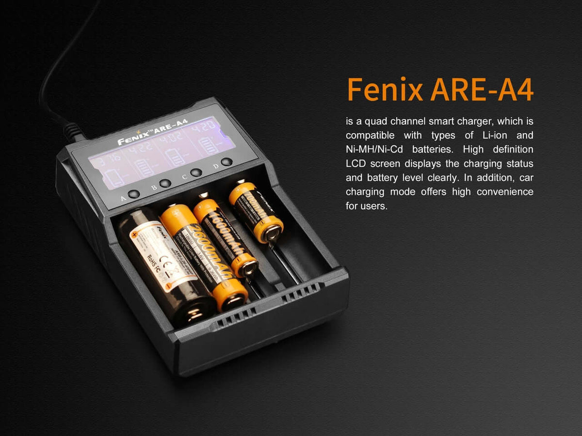 Fenix ARE-A4 four bay smart battery charger with LCD screen and compatible with various battery types.