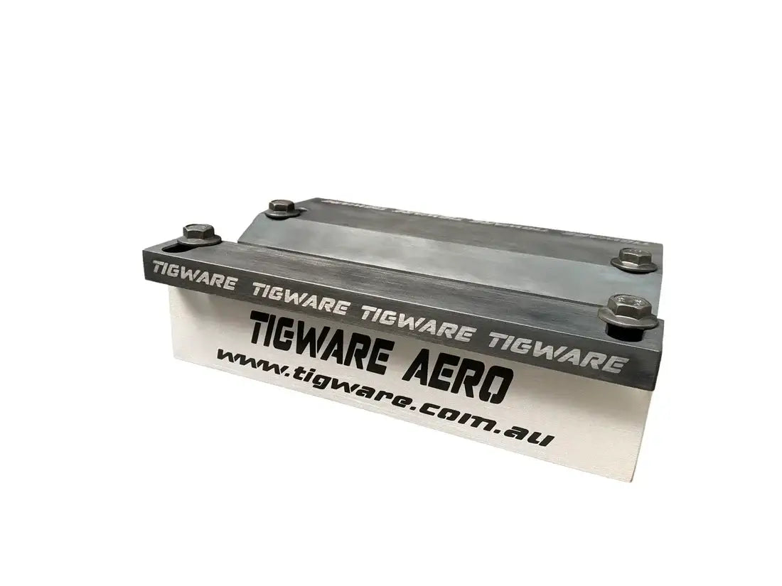 AERO Aerospace TIG Welding Test Fixture with aluminum main block and carbon steel flange bolts.