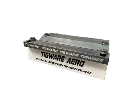AERO Aerospace TIG Welding Test Fixture with aluminum main block and carbon steel flange bolts.