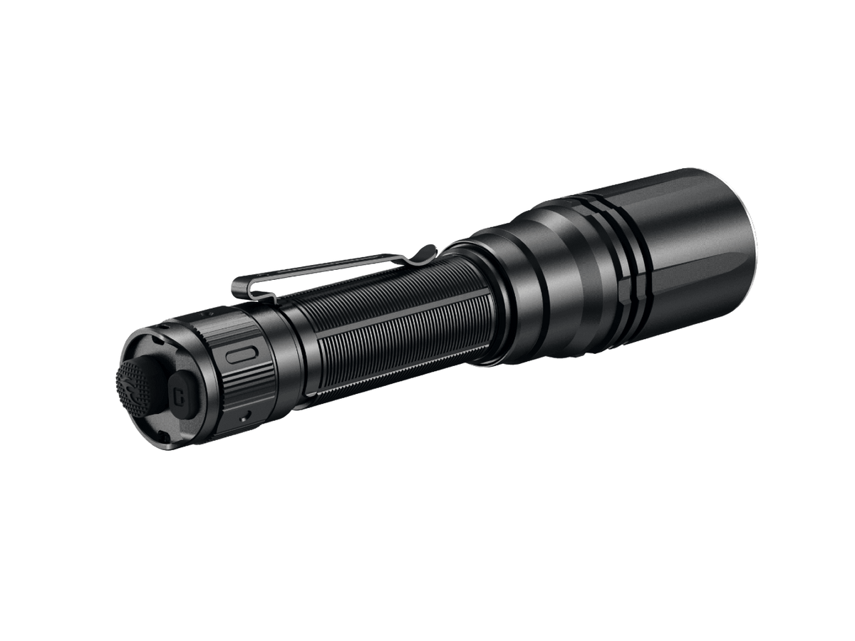 Fenix HT30R white laser flashlight showcasing sleek design and precision engineering for outdoor use.