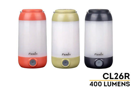 Fenix CL26R rechargeable camping lanterns in orange, green, and black with 400 Lumens output, perfect for outdoor adventures.
