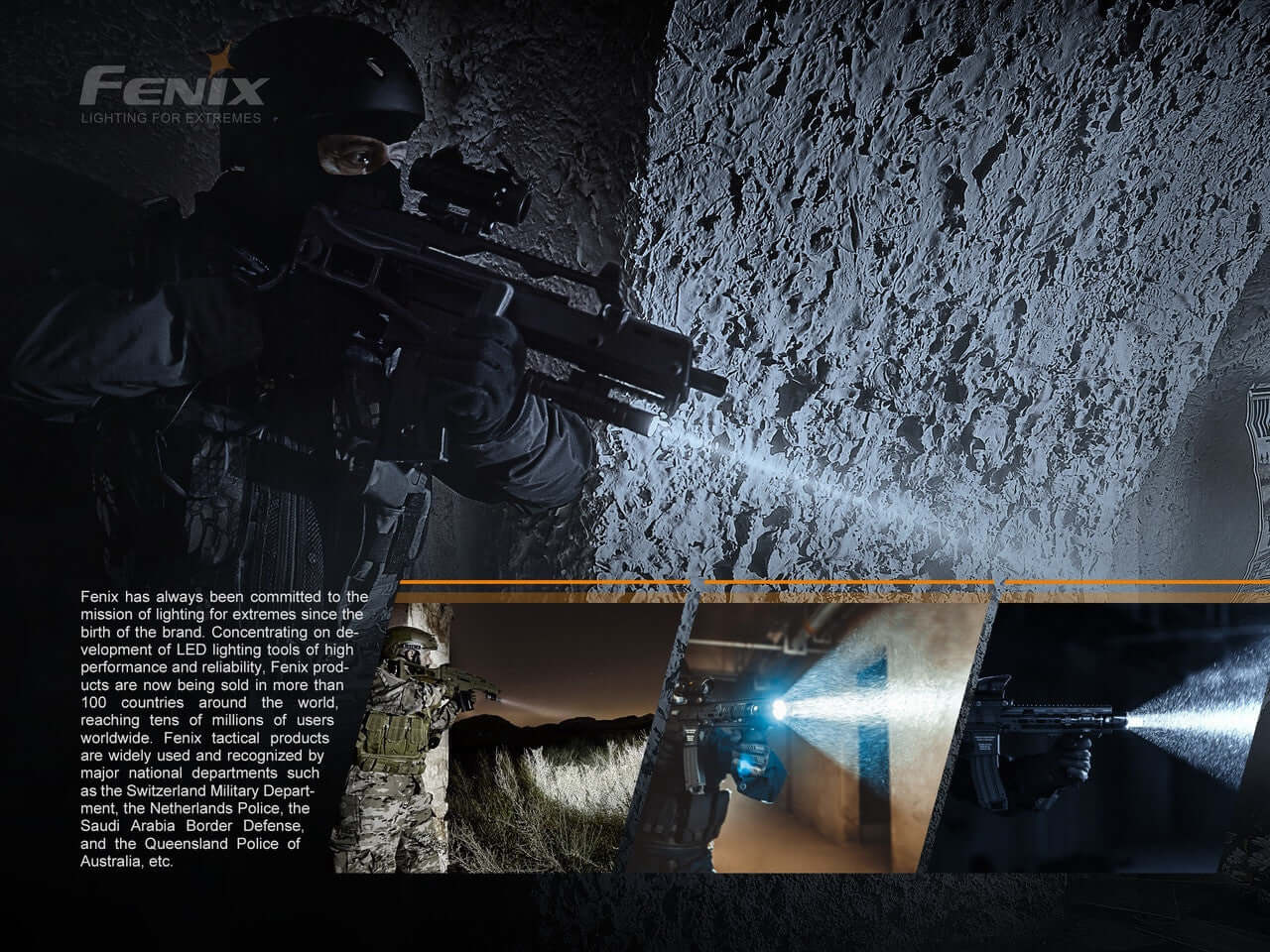 Fenix LR35R rechargeable flashlight showcasing bright beam in tactical environment.