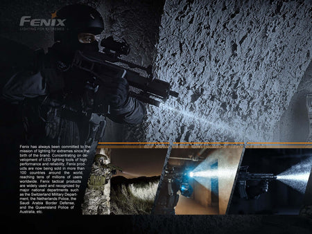 Fenix LR35R rechargeable flashlight showcasing bright beam in tactical environment.
