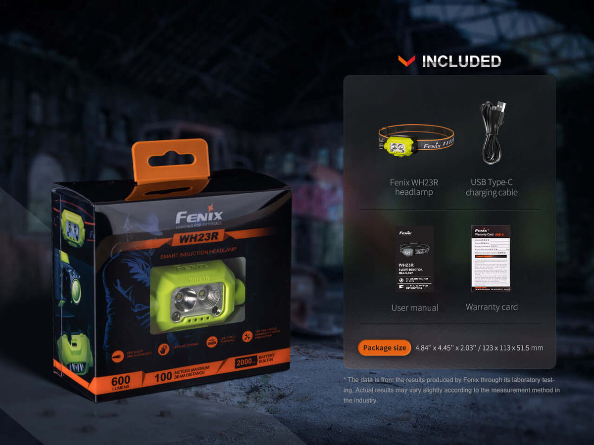 Fenix WH23R gesture sensing industrial headlamp packaging with USB Type-C cable and user manual.