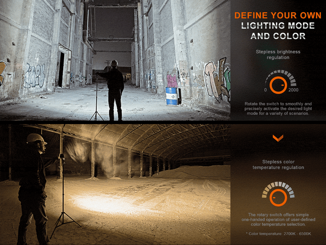Fenix CL28R lantern demonstrating stepless brightness and color temperature adjustments in a dark indoor setting.