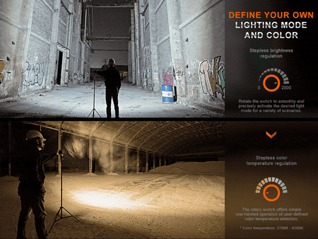 Fenix CL28R lantern demonstrating stepless brightness and color temperature adjustments in a dark indoor setting.