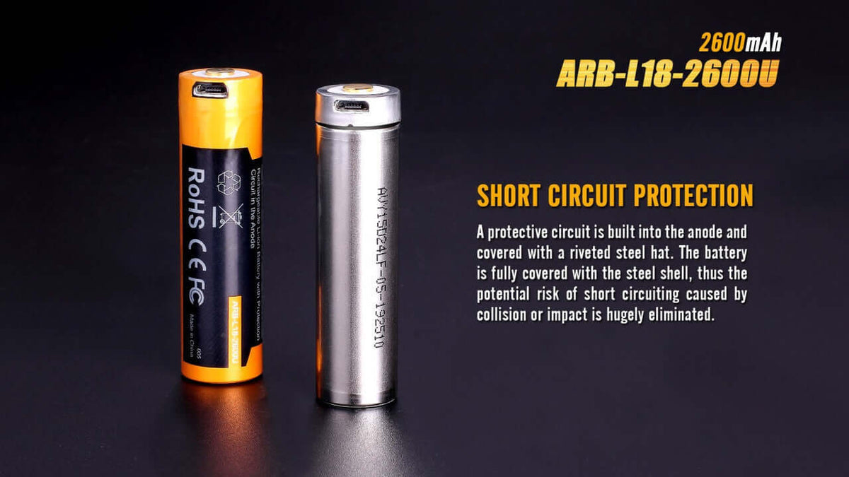 Fenix ARB-L18-2600U USB rechargeable 18650 battery showcasing short circuit protection features.