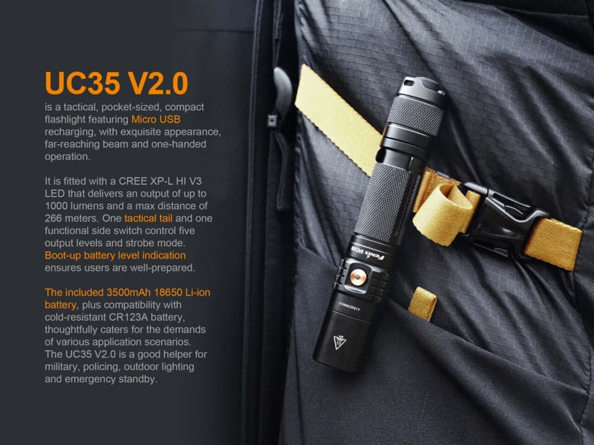 Fenix UC35 V2.0 rechargeable flashlight with micro USB charging and CREE XP-L HI V3 LED, 1000 Lumens output, tactical design.