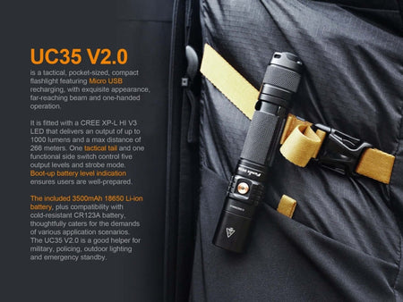 Fenix UC35 V2.0 rechargeable flashlight with micro USB charging and CREE XP-L HI V3 LED, 1000 Lumens output, tactical design.