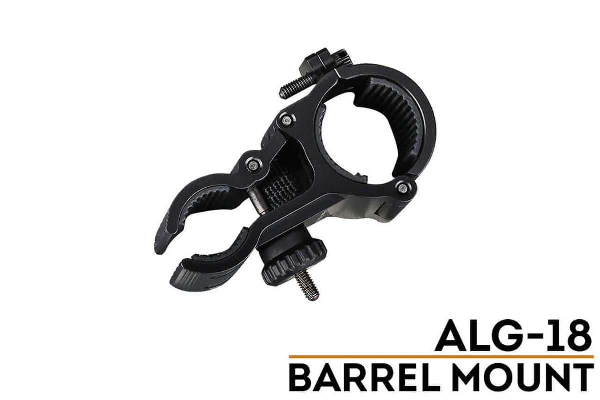 Fenix ALG-18 flashlight barrel mount, featuring durable construction and a rubber pad for secure attachment and stability.