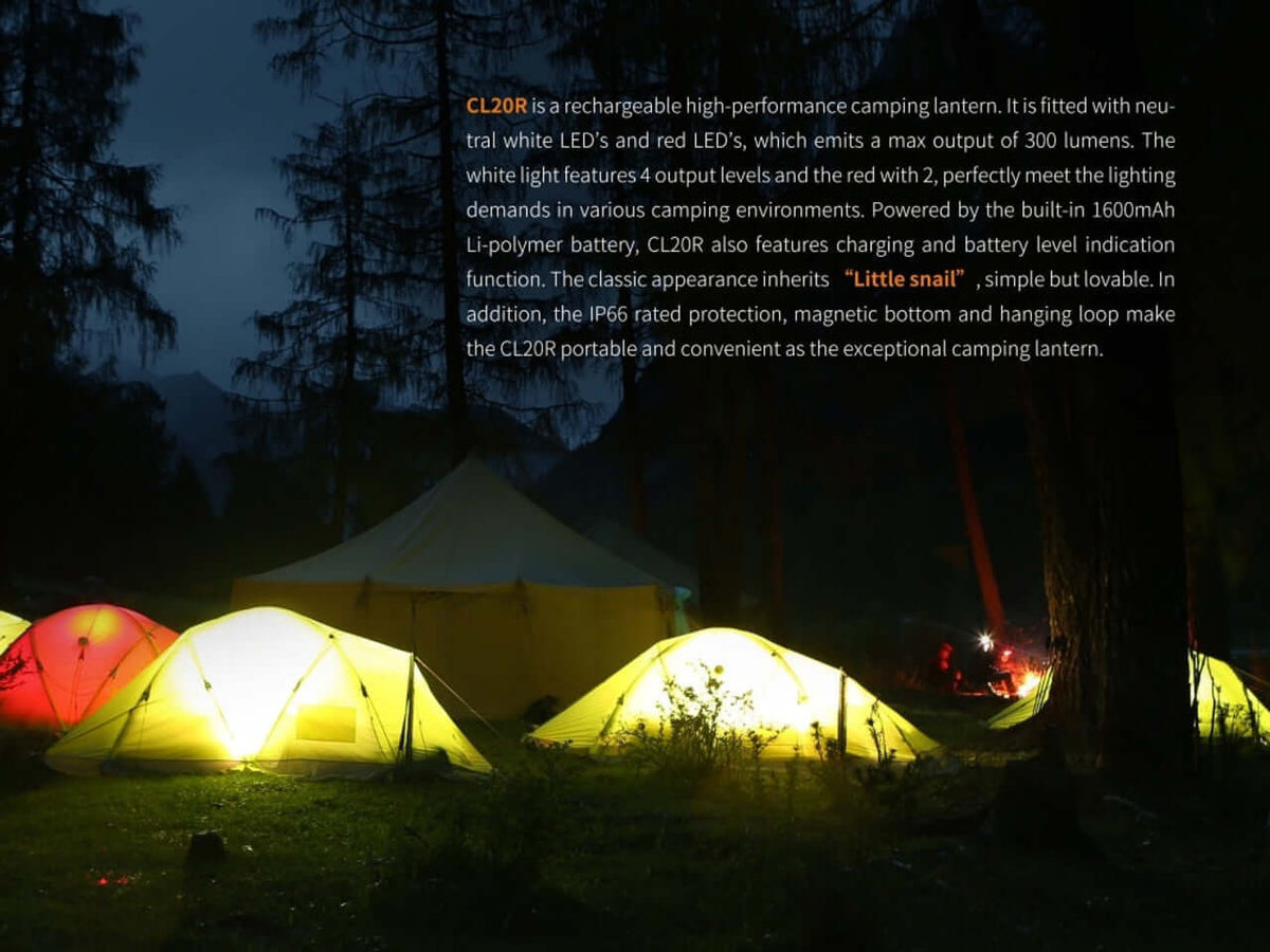 Fenix CL20R camping lantern illuminating tents in nature with neutral white and red LEDs for outdoor adventures.