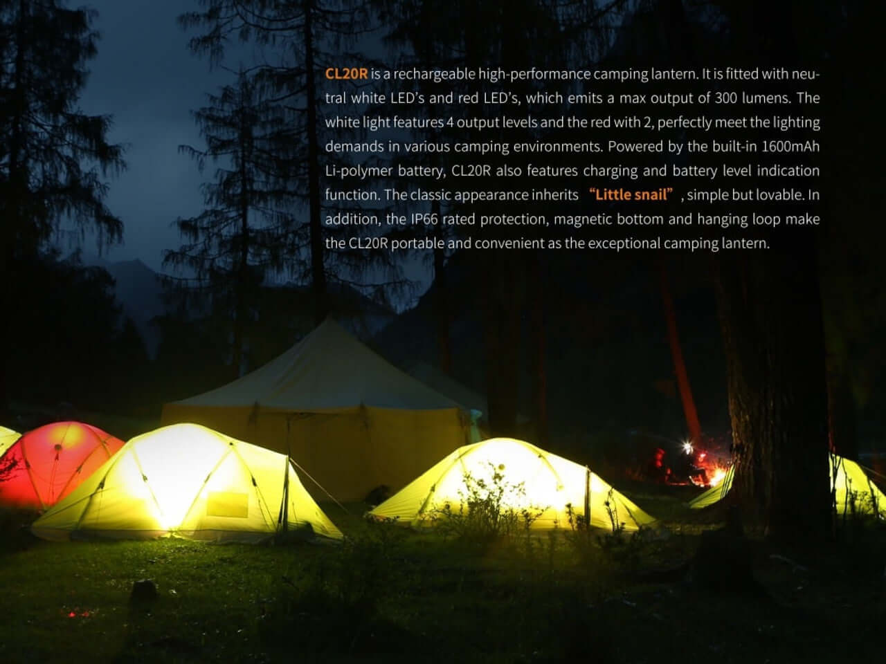 Fenix CL20R camping lantern illuminating tents in nature with neutral white and red LEDs for outdoor adventures.