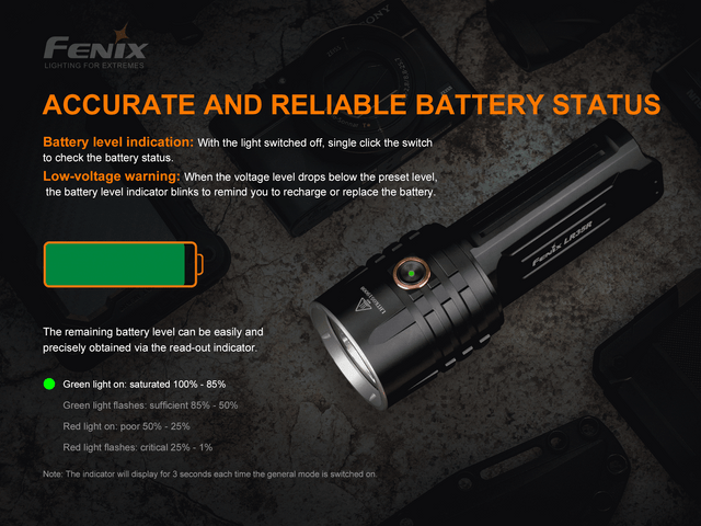 Fenix LR35R flashlight battery status guide with indicator colors and charging details.