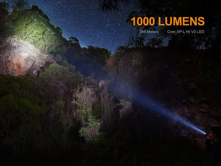 Fenix UC35 V2.0 flashlight illuminating rocky terrain at night, showcasing 1000 lumens and 266 meters distance.