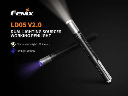 Fenix LD05 V2.0 penlight showcasing dual lighting sources: warm white light 100 lumens and UV light 200mW.