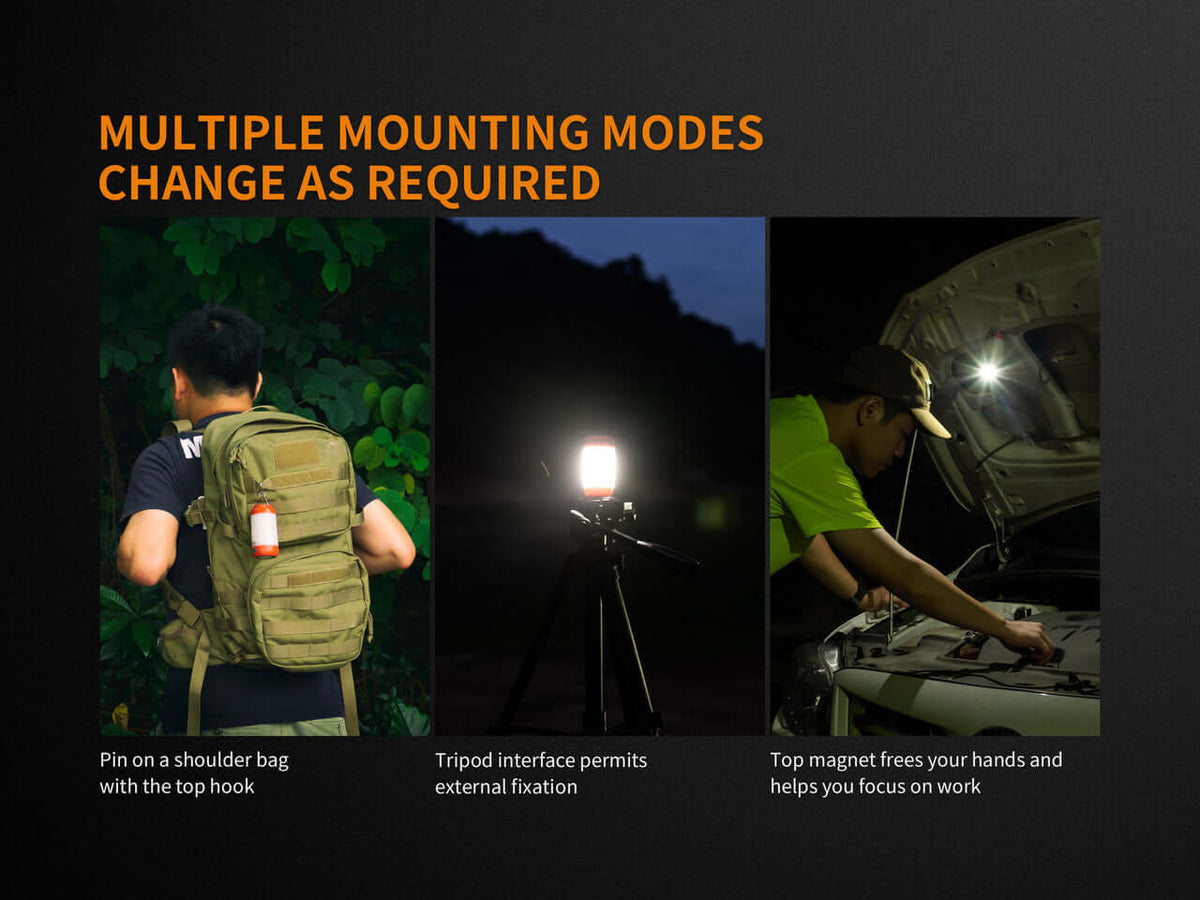 Fenix CL26R camping lantern showcasing multiple mounting modes for versatile use in outdoor and work settings.