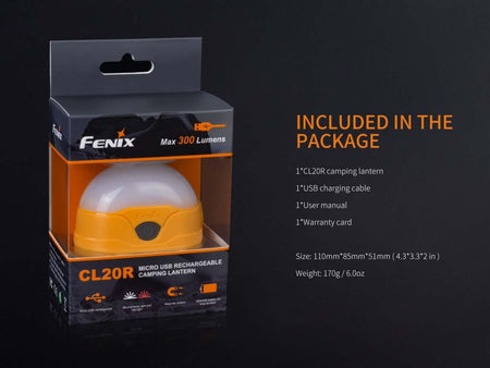 Fenix CL20R rechargeable camping lantern packaging, featuring USB charging cable and user manual, max 300 lumens.