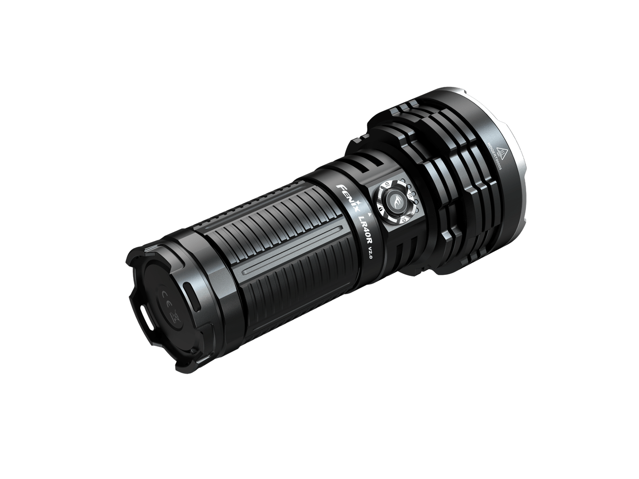 Fenix LR40Rv2 rechargeable flashlight featuring a rotary toggle switch and a powerful 15000 Lumens output for effective searches.