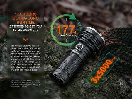 Fenix LR40R V2 flashlight showcasing 177-hour runtime and 3x5000mAh battery for extended use in various conditions.