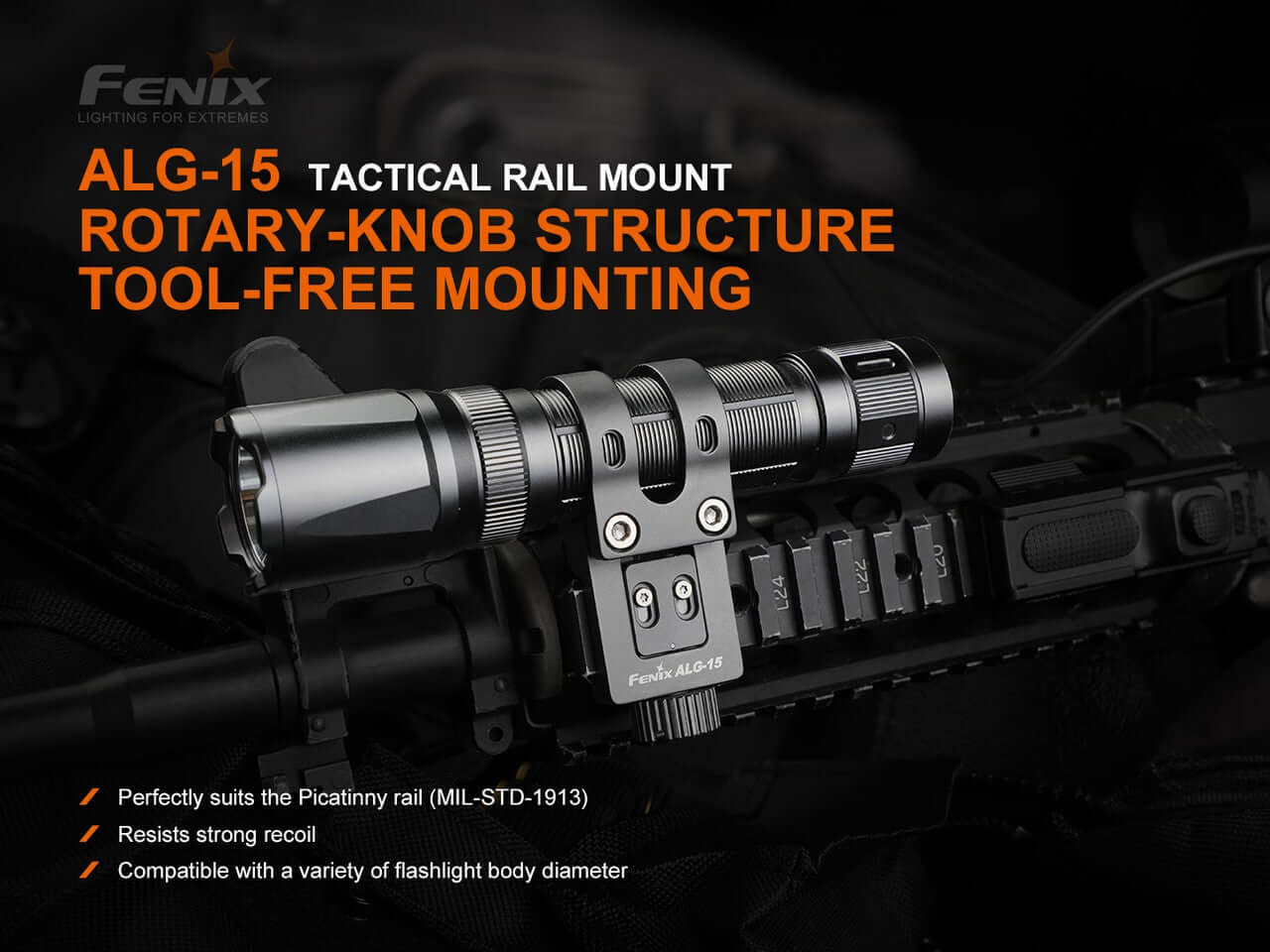 Fenix ALG-15 Tactical Rail Mount with rotary-knob structure for tool-free installation on Picatinny rail.