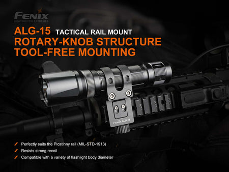 Fenix ALG-15 Tactical Rail Mount with rotary-knob structure for tool-free installation on Picatinny rail.
