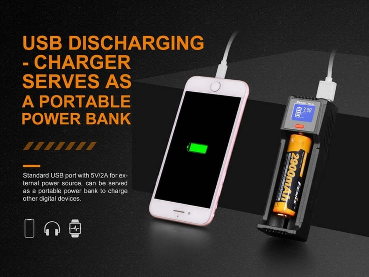Fenix ARE-D1 charger with USB discharging feature acting as a power bank, connected to a smartphone.