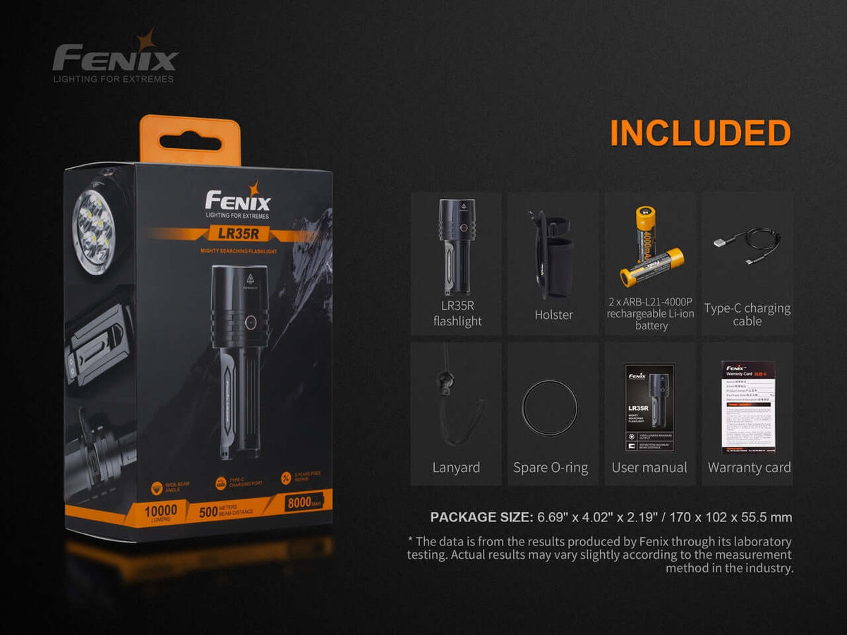 Fenix LR35R rechargeable flashlight package contents including flashlight, holster, battery, and accessories.