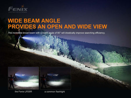 Fenix LR35R flashlight showcasing its wide 90-degree beam angle for improved visibility and searching efficiency.