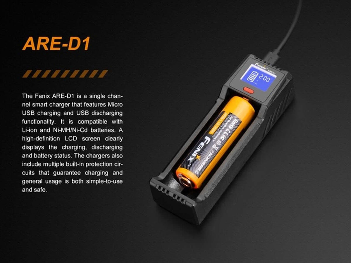 Fenix ARE-D1 Smart Battery Charger displaying an orange rechargeable battery with LCD screen and USB charging.