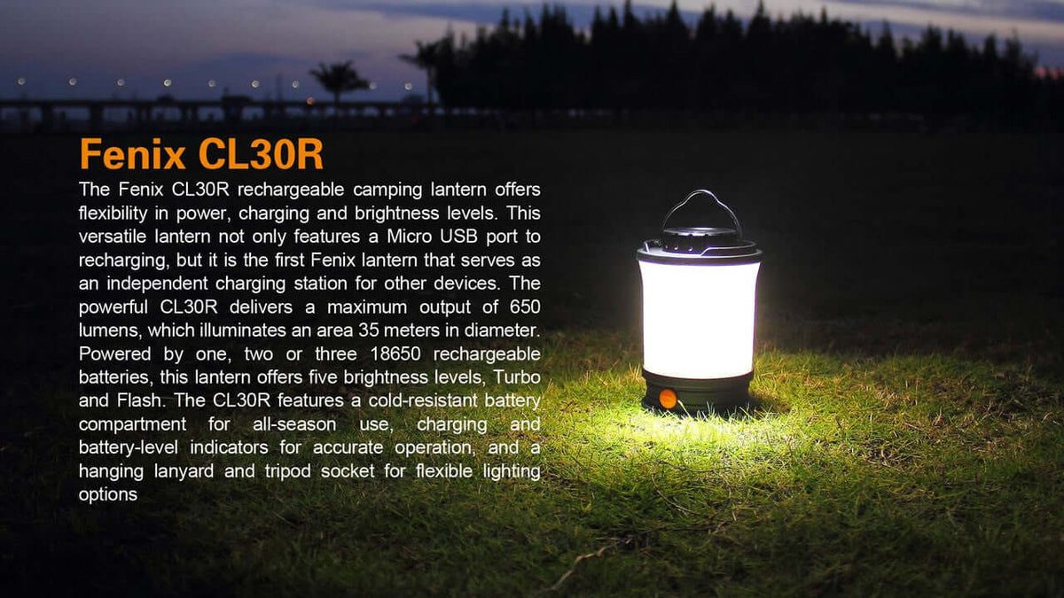 Fenix CL30R rechargeable camping lantern with 650 lumens brightness, Micro-USB charging and power bank features at night.