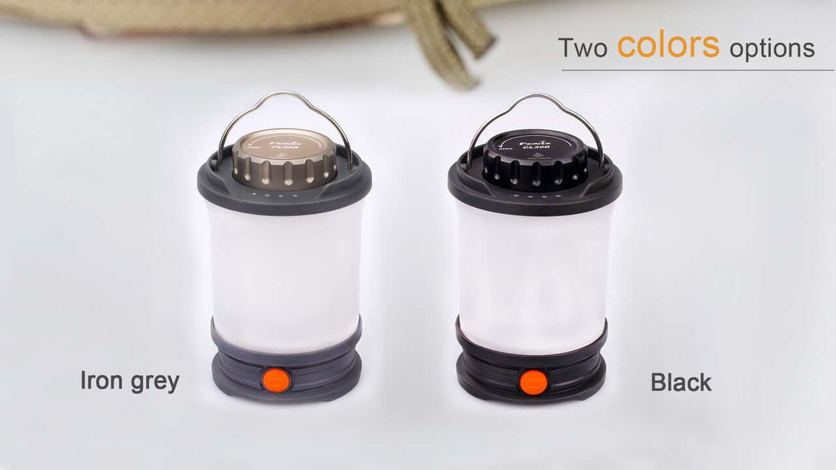 Fenix CL30R camping lantern in two colors: iron grey and black, showcasing versatility for outdoor adventures.