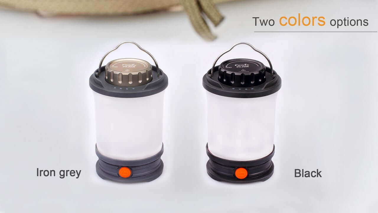 Fenix CL30R camping lantern in two colors: iron grey and black, showcasing versatility for outdoor adventures.