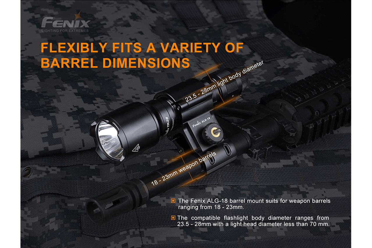 Fenix ALG-18 flashlight barrel mount showing compatibility with various barrel diameters on a tactical setup.