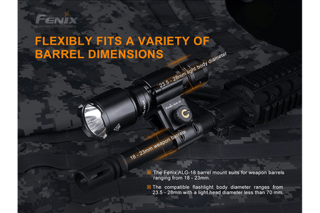 Fenix ALG-18 flashlight barrel mount showing compatibility with various barrel diameters on a tactical setup.
